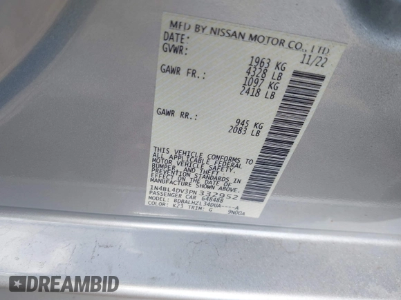 2023 Nissan Altima SV z VIN 1N4BL4DV3PN332952, wystawiony jako IAAI lot #41731261 z przebiegiem 16 720 mil mil oraz . Historia ofert i sprzedaży dostępna na DreamBid. Obrazek 9.