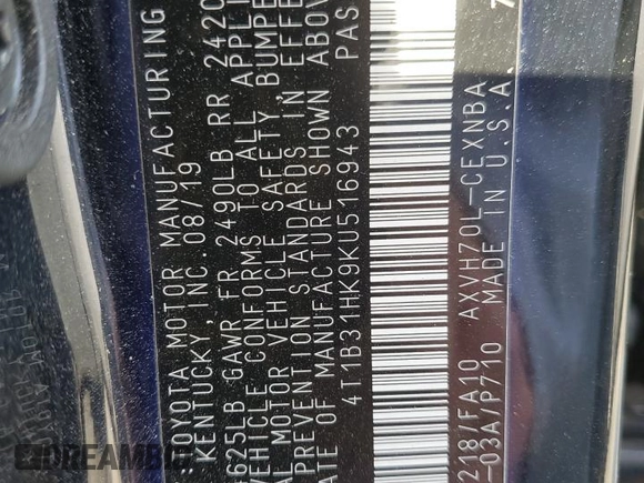 2019 Toyota Camry Hybrid LE z VIN 4T1B31HK9KU516943, wystawiony jako Copart lot #49047885 z przebiegiem 100 925 mil mil oraz Szkoda całkowita • Salvage title. Historia ofert i sprzedaży dostępna na DreamBid. Obrazek 12.