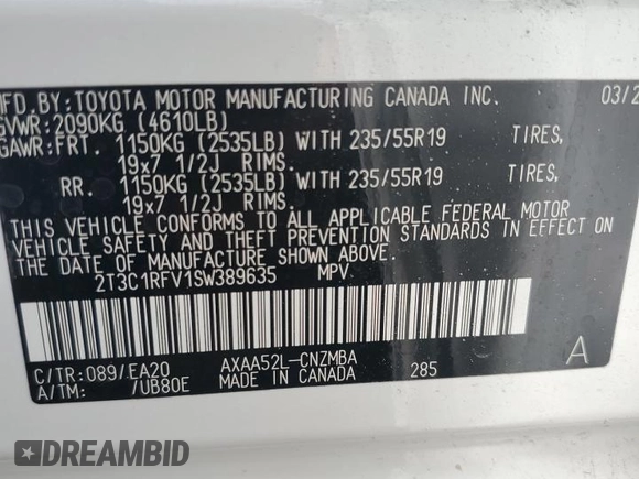 2025 Toyota RAV4 XLE Premium with VIN 2T3C1RFV1SW389635, listed as a Copart auction lot 61661535 with 3,630 mi miles and Salvage title. Bid and sale history available at DreamBid. Image 13.