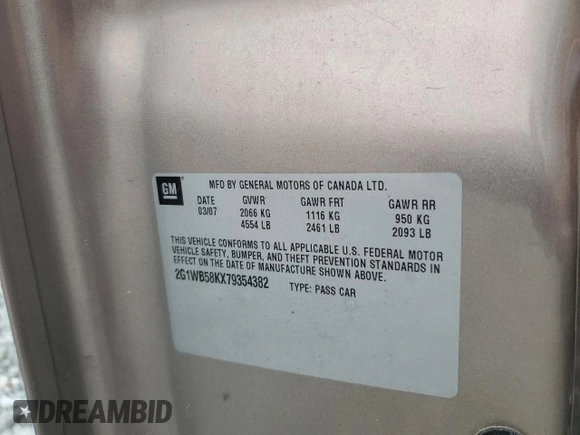 2007 Chevrolet Impala LS with VIN 2G1WB58KX79354382, listed as a Copart auction lot 53108395 with 237,892 mi miles and Salvage Title. Bid and sale history available at DreamBid. Image 14.