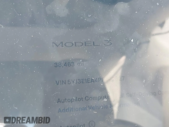 2023 Tesla Model 3 with VIN 5YJ3E1EA4PF462627, listed as a IAAI auction lot 41750103 with 38,463 mi miles and . Bid and sale history available at carsss.com. Image 15.