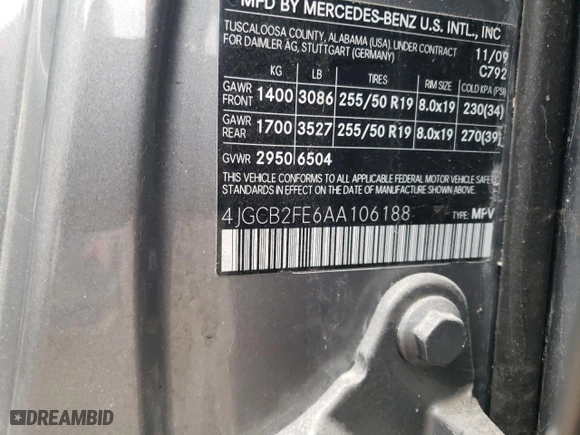 2010 Mercedes-Benz R-Class R 350 BlueTEC with VIN 4JGCB2FE6AA106188, listed as a Copart auction lot 81716824 with 0 mi miles and Salvage Title. Bid and sale history available at carsss.com. Image 13.