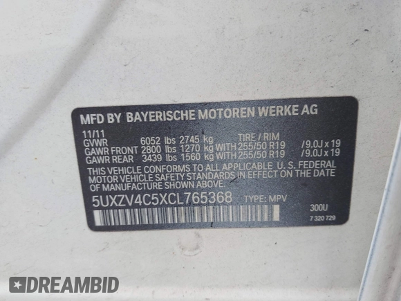 2012 BMW X5 35i с VIN 5UXZV4C5XCL765368, выставлен на аукционе IAAI как лот 42526136 с пробегом 165 365 миль миль и . История ставок и продаж доступна на DreamBid. Изображение 9.
