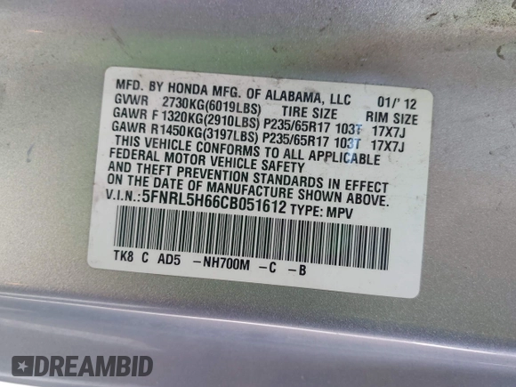 2012 Honda Odyssey EX-L с VIN 5FNRL5H66CB051612, выставлен на аукционе IAAI как лот 42190253 с пробегом 160 471 миль миль и . История ставок и продаж доступна на DreamBid. Изображение 9.
