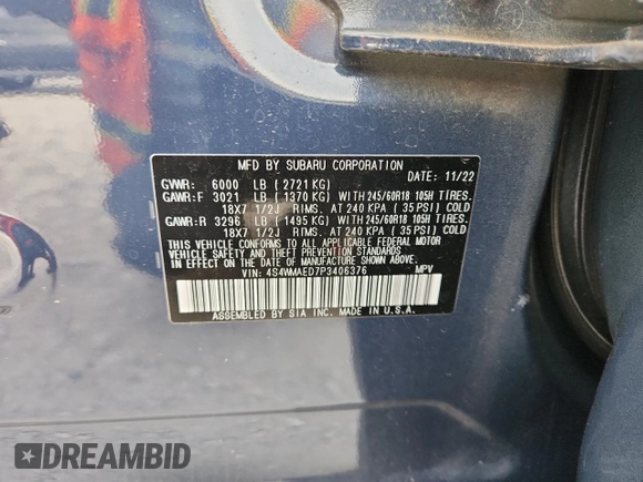 2023 Subaru Ascent Premium with VIN 4S4WMAED7P3406376, listed as a Copart auction lot 62098885 with 35,348 mi miles and Salvage title. Bid and sale history available at DreamBid. Image 13.