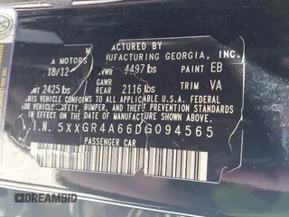 2013 Kia Optima SX with VIN 5XXGR4A66DG094565, listed as a IAAI auction lot 42295476 with 112,618 mi miles and . Bid and sale history available at DreamBid. Image 9.
