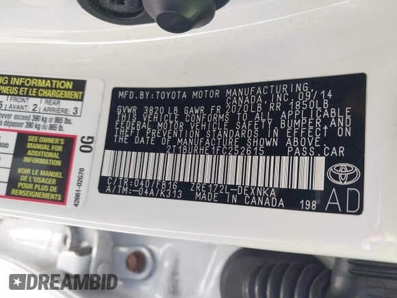 2015 Toyota Corolla L with VIN 2T1BURHE1FC252615, listed as a IAAI auction lot 41884936 with 113,805 mi miles and . Bid and sale history available at DreamBid. Image 9.