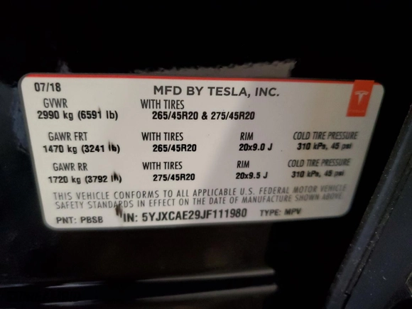 2018 Tesla Model X 75D with VIN 5YJXCAE29JF111980, listed as a Copart auction lot 51465695 with 0 mi miles and Salvage Title. Bid and sale history available at carsss.com. Image 13.