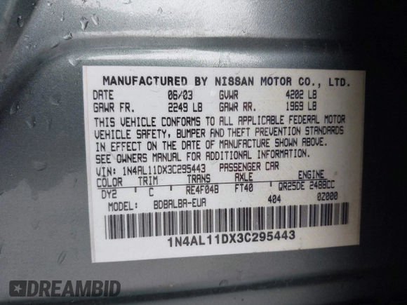 2003 Nissan Altima S z VIN 1N4AL11DX3C295443, wystawiony jako IAAI lot #42278216 z przebiegiem 145 415 mil mil oraz . Historia ofert i sprzedaży dostępna na DreamBid. Obrazek 9.