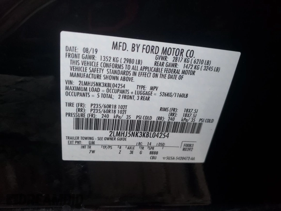 2019 Lincoln MKT with VIN 2LMHJ5NK3KBL04254, listed as a Copart auction lot 77127214 with Not Provided miles and Salvage Title. Bid and sale history available at DreamBid. Image 15.