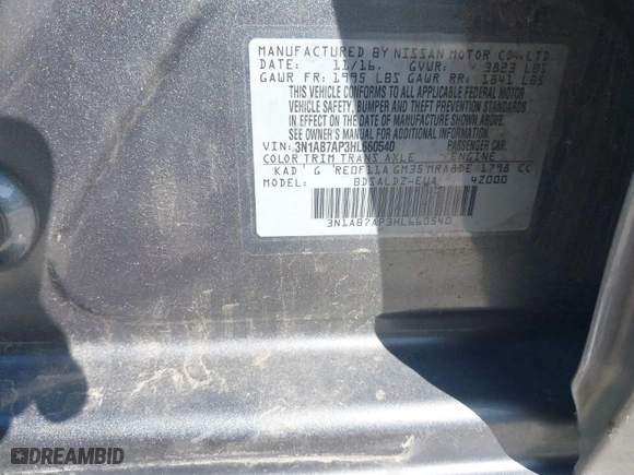 2017 Nissan Sentra SV with VIN 3N1AB7AP3HL660540, listed as a IAAI auction lot 41847252 with 109,195 mi miles. Bid and sale history available at carsss.com. Image 9.