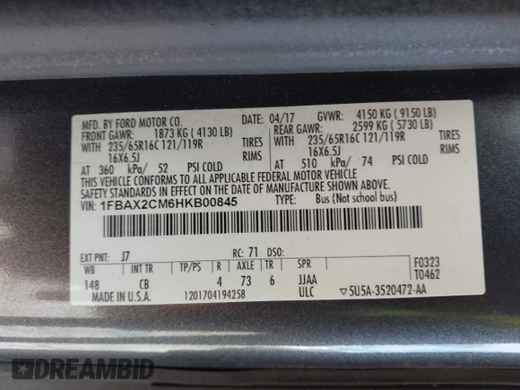 2017 Ford Transit XL with VIN 1FBAX2CM6HKB00845, listed as a IAAI auction lot 41812241 with 149,708 mi miles and . Bid and sale history available at DreamBid. Image 9.