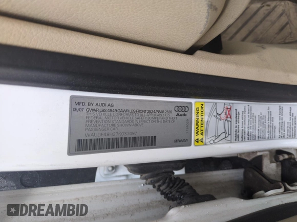 2007 Audi A4 2.0T z VIN WAUDF48H27K037497, wystawiony jako Copart lot #54057075 z przebiegiem 189 794 mil mil oraz Szkoda całkowita • Salvage title. Historia ofert i sprzedaży dostępna na DreamBid. Obrazek 12.
