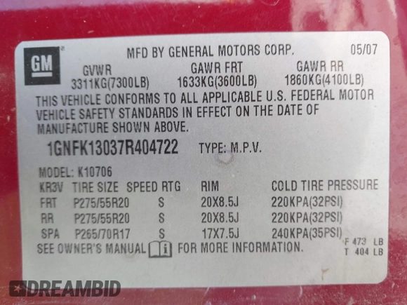 2007 Chevrolet Tahoe LT с VIN 1GNFK13037R404722, выставлен на аукционе IAAI как лот 41971336 с пробегом 176 429 миль миль и . История ставок и продаж доступна на DreamBid. Изображение 9.