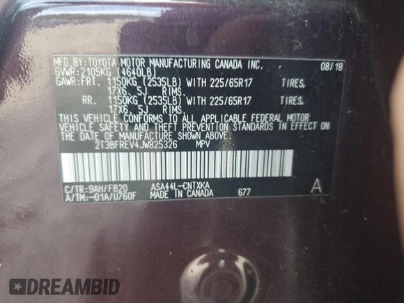 2018 Toyota RAV4 LE with VIN 2T3BFREV4JW825326, listed as a Copart auction lot 57245275 with 137,441 mi miles and Salvage title. Bid and sale history available at DreamBid. Image 14.