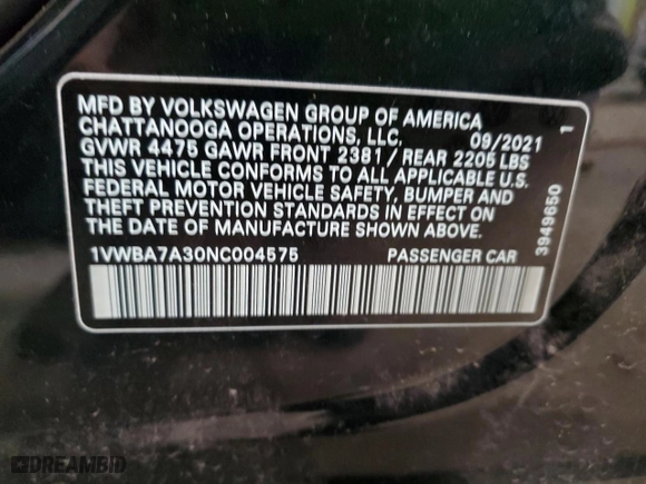 2022 Volkswagen Passat 2.0T Limited Edition with VIN 1VWBA7A30NC004575, listed as a Copart auction lot 68739082 with 19,049 mi miles. Bid and sale history available at carsss.com. Image 14.