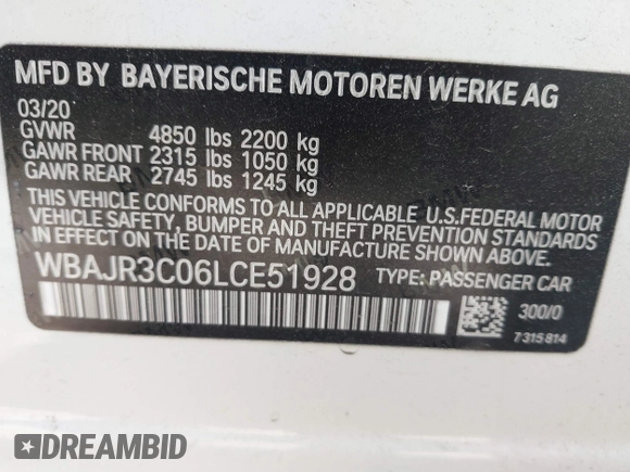 2020 BMW 5 Series 530i with VIN WBAJR3C06LCE51928, listed as a IAAI auction lot 38396315 with 93,150 mi miles and . Bid and sale history available at DreamBid. Image 9.
