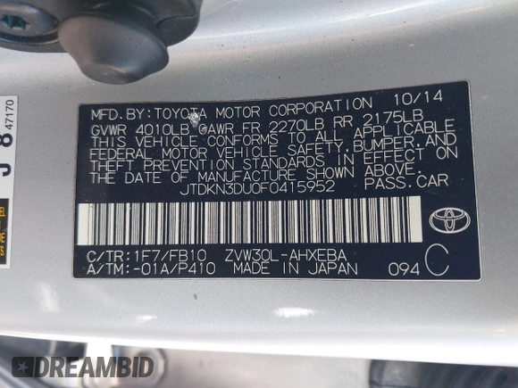 2015 Toyota Prius Four z VIN JTDKN3DU0F0415952, wystawiony jako IAAI lot #42402823 z przebiegiem 272 110 mil mil oraz . Historia ofert i sprzedaży dostępna na DreamBid. Obrazek 9.