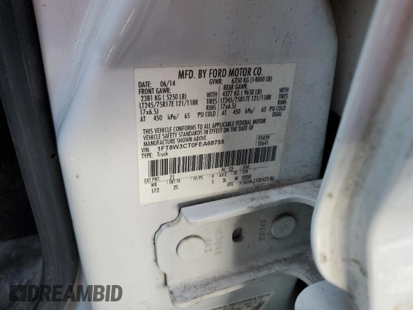 2015 Ford F-350 Lariat with VIN 1FT8W3CT0FEA68755, listed as a Copart auction lot 62486445 with 222,990 mi miles and Salvage title. Bid and sale history available at DreamBid. Image 12.