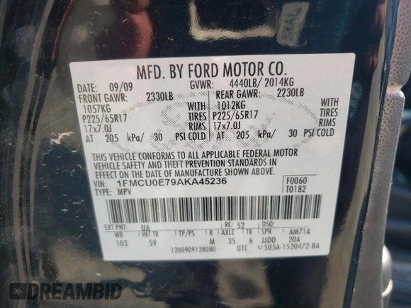 2010 Ford Escape Limited with VIN 1FMCU0E79AKA45236, listed as a Copart auction lot 60406005 with 237,385 mi miles and Salvage title. Bid and sale history available at DreamBid. Image 13.