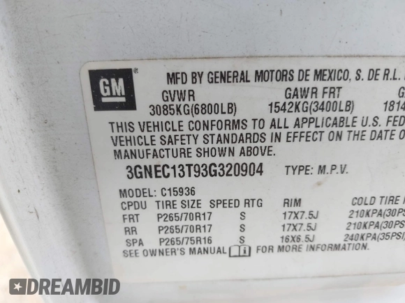 2003 Chevrolet Avalanche with VIN 3GNEC13T93G320904, listed as a IAAI auction lot 42402192 with 140,728 mi miles and . Bid and sale history available at DreamBid. Image 9.