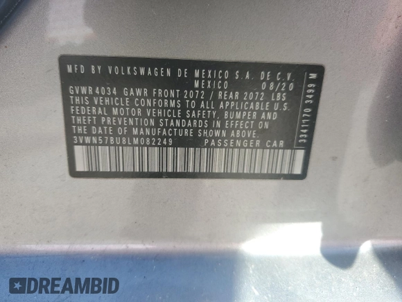 2020 Volkswagen Jetta S with VIN 3VWN57BU8LM082249, listed as a Copart auction lot 60300985 with 103,143 mi miles and Salvage title. Bid and sale history available at DreamBid. Image 13.