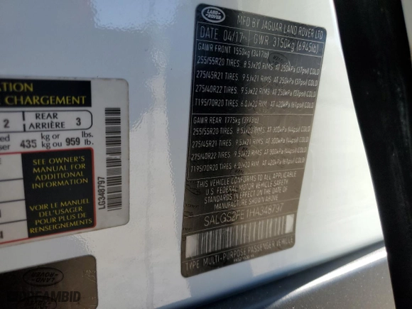2017 Land Rover Range Rover with VIN SALGS2FE1HA348797, listed as a Copart auction lot 45932065 with 104,557 mi miles and Salvage Title. Bid and sale history available at carsss.com. Image 15.