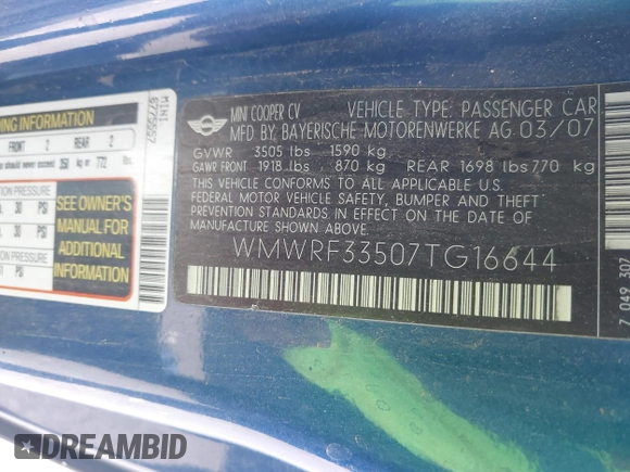 2007 MINI Convertible with VIN WMWRF33507TG16644, listed as a IAAI auction lot 40058098 with 163,215 mi miles and . Bid and sale history available at DreamBid. Image 9.