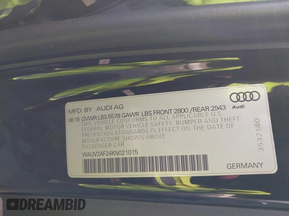 2019 Audi A7 Prestige with VIN WAUV2AF24KN021015, listed as a IAAI auction lot 41479702 with 37,840 mi miles. Bid and sale history available at carsss.com. Image 9.