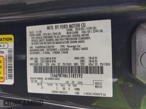 2020 Ford Mustang EcoBoost with VIN 1FA6P8TH6L5182192, listed as a IAAI auction lot 42129608 with 75,281 mi miles and . Bid and sale history available at DreamBid. Image 9.