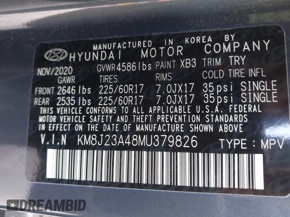 2021 Hyundai Tucson SE with VIN KM8J23A48MU379826, listed as a IAAI auction lot 41887834 with 51,885 mi miles and . Bid and sale history available at DreamBid. Image 9.