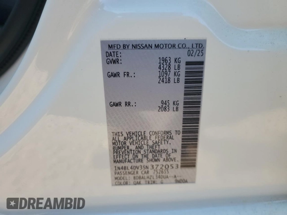 2025 Nissan Altima SV with VIN 1N4BL4DV3SN372053, listed as a Copart auction lot 53727645 with 2,244 mi miles and Clean Title. Bid and sale history available at DreamBid. Image 12.