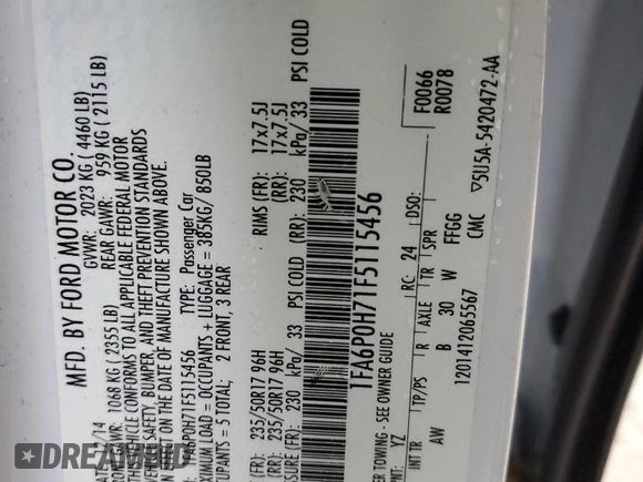 2015 Ford Fusion SE with VIN 1FA6P0H71F5115456, listed as a Copart auction lot 55378774 with 157,519 mi miles and Non Repairable. Bid and sale history available at DreamBid. Image 12.