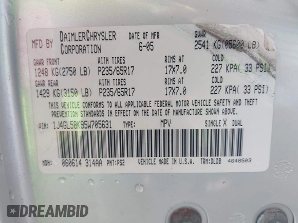2005 Jeep Liberty Limited with VIN 1J4GL58K95W705631, listed as a IAAI auction lot 41868241 with 108,034 mi miles and . Bid and sale history available at DreamBid. Image 9.