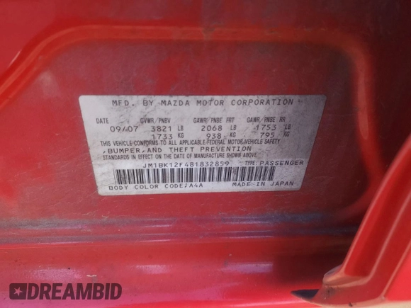 2008 Mazda 3 i Sport with VIN JM1BK12F481832859, listed as a Copart auction lot 42620835 with 193,293 mi miles and Salvage Title. Bid and sale history available at DreamBid. Image 14.