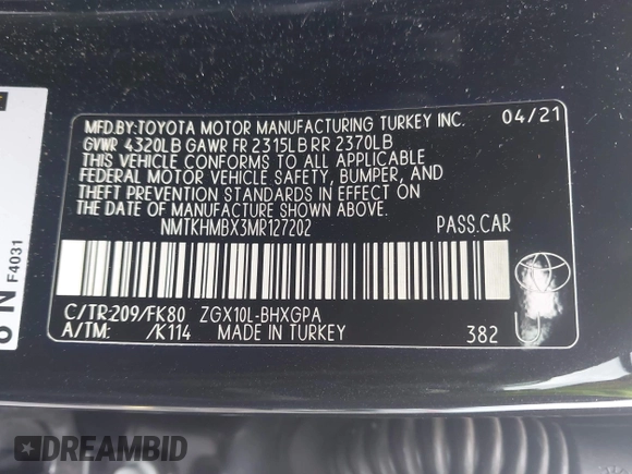 2021 Toyota C-HR LE z VIN NMTKHMBX3MR127202, wystawiony jako IAAI lot #42188312 z przebiegiem 54 029 mil mil oraz . Historia ofert i sprzedaży dostępna na DreamBid. Obrazek 9.