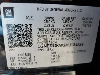 2021 Chevrolet Traverse LT Cloth with VIN 1GNERGKW3MJ184539, listed as a Copart auction lot 60527025 with 117,364 mi miles and Non repairable. Bid and sale history available at DreamBid. Image 13.