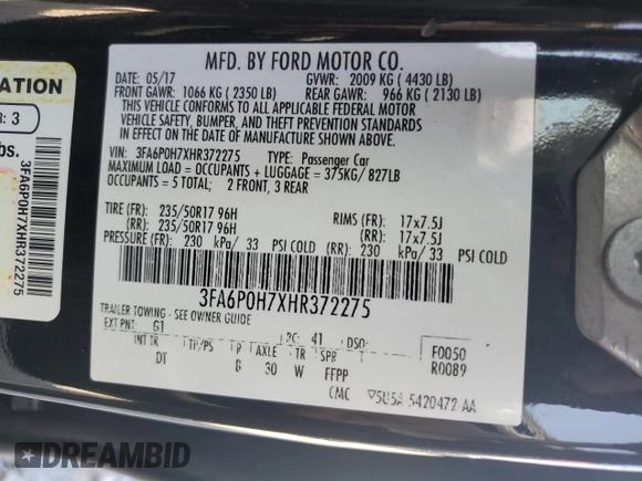 2017 Ford Fusion SE with VIN 3FA6P0H7XHR372275, listed as a Copart auction lot 48430005 with 103,904 mi miles and Salvage Title. Bid and sale history available at carsss.com. Image 12.