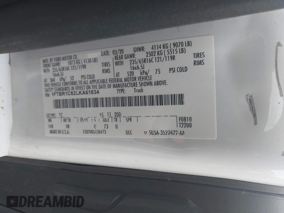 2020 Ford Transit Cargo z VIN 1FTBR1C82LKA61834, wystawiony jako IAAI lot #37802870 z przebiegiem Nie podano mil oraz . Historia ofert i sprzedaży dostępna na DreamBid. Obrazek 9.