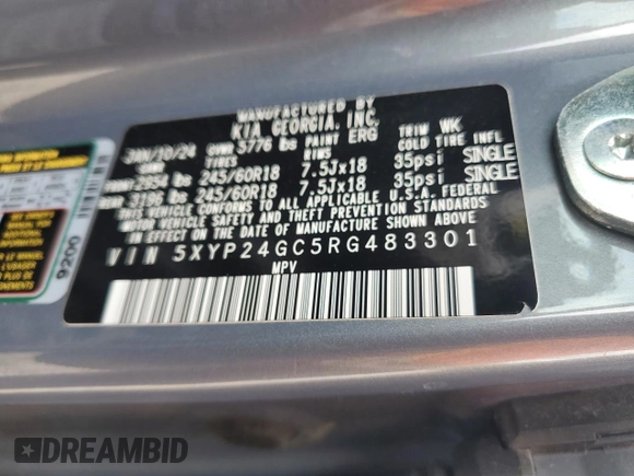2024 Kia Telluride LX with VIN 5XYP24GC5RG483301, listed as a Copart auction lot 54327845 with Not provided miles and Salvage title. Bid and sale history available at DreamBid. Image 13.