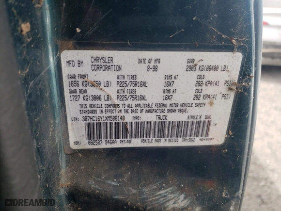 1999 Dodge Ram 1500 with VIN 3B7HC16Y1XM506148, listed as a Copart auction lot 56534294 with 205,898 mi miles and Salvage Title. Bid and sale history available at carsss.com. Image 12.