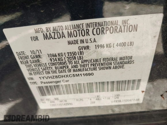 2012 Mazda Mazda6 i Touring with VIN 1YVHZ8DHXC5M11690, listed as a IAAI auction lot 42102061 with 171,011 mi miles. Bid and sale history available at carsss.com. Image 9.