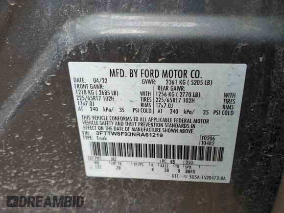2022 Ford Maverick XL with VIN 3FTTW8F93NRA61219, listed as a Copart auction lot 48028675 with 37,570 mi miles and Salvage Title. Bid and sale history available at DreamBid. Image 12.