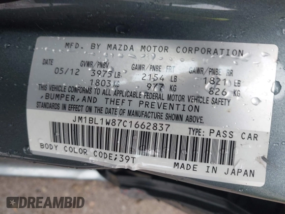 2012 Mazda 3 i Grand Touring with VIN JM1BL1W87C1662837, listed as a IAAI auction lot 42591473 with 76,516 mi miles and . Bid and sale history available at DreamBid. Image 9.