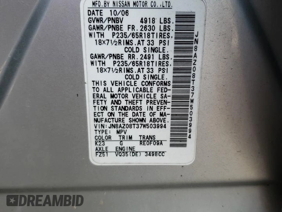 2007 Nissan Murano SL z VIN JN8AZ08T37W503994, wystawiony jako Copart lot #56213135 z przebiegiem 232 578 mil mil oraz Szkoda całkowita • Salvage title. Historia ofert i sprzedaży dostępna na DreamBid. Obrazek 13.