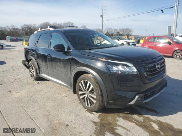2023 Nissan Pathfinder Platinum with VIN 5N1DR3DKXPC243498, listed as a Copart auction lot 47445545 with 23,855 mi miles and Salvage Title. Bid and sale history available at carsss.com. Image 4.