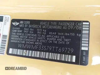 2009 MINI Hardtop with VIN WMWMF33579TT69729, listed as a IAAI auction lot 42116873 with 92,334 mi miles and . Bid and sale history available at DreamBid. Image 9.
