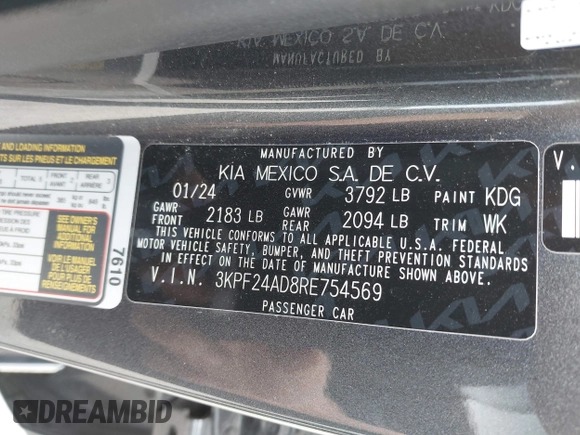 2024 Kia Forte LXS z VIN 3KPF24AD8RE754569, wystawiony jako IAAI lot #42220973 z przebiegiem 36 854 mil mil oraz . Historia ofert i sprzedaży dostępna na DreamBid. Obrazek 9.
