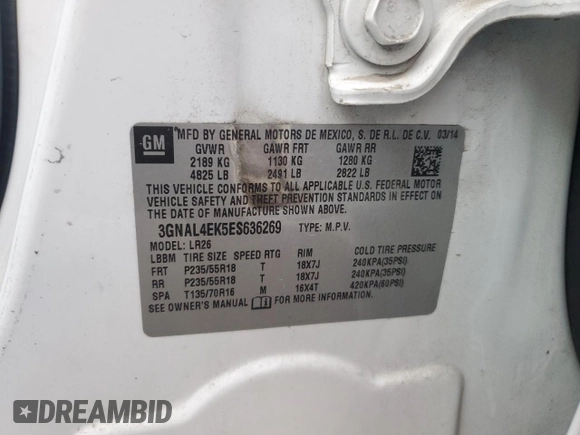 2014 Chevrolet Captiva Sport LTZ with VIN 3GNAL4EK5ES636269, listed as a Copart auction lot 52594745 with 102,265 mi miles and Salvage Title. Bid and sale history available at carsss.com. Image 13.