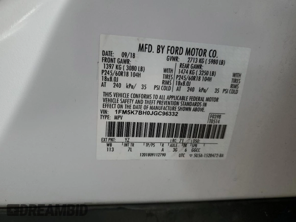 2018 Ford Explorer с VIN 1FM5K7BH0JGC96332, выставлен на аукционе Copart как лот 81731894 с пробегом 92 149 миль миль и Списание • Salvage title. История ставок и продаж доступна на DreamBid. Изображение 15.
